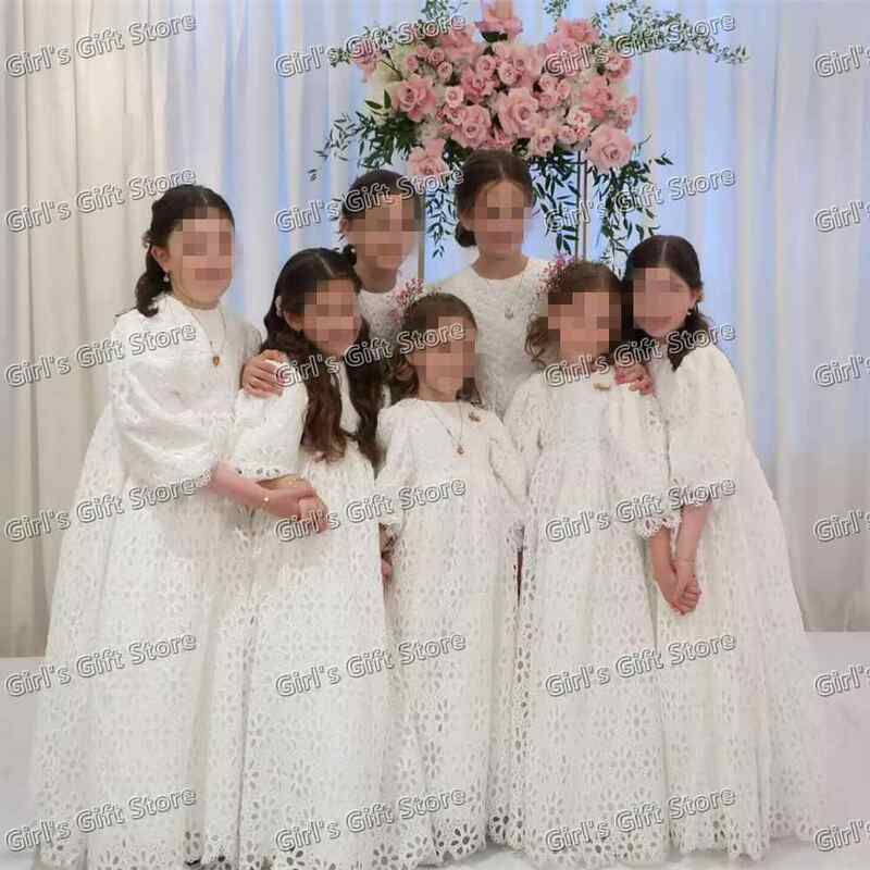 Öse Spitze Blumen mädchen Kleider für Hochzeit Prinzessin Mädchen Kleider hohe Taille hübsche Festzug Ballon Ärmel Erstkommunion Kleid