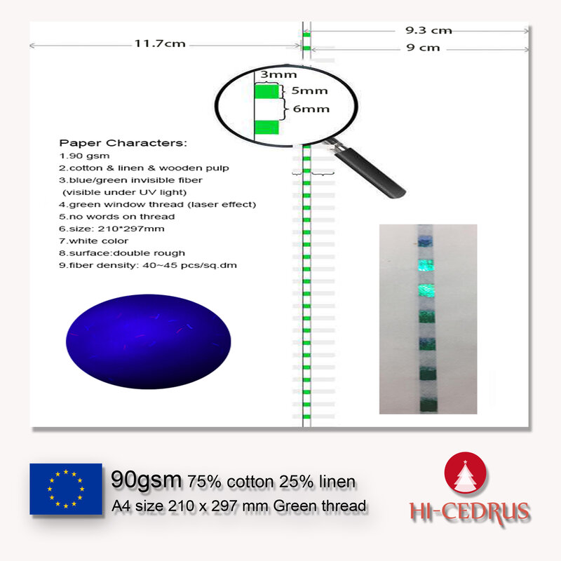 GCYT019-Papel de lino de 75% algodón, 25%, A4, 210x297mm, color blanco con hilo verde de fibra invisible UV, 50 hojas, 90gsm