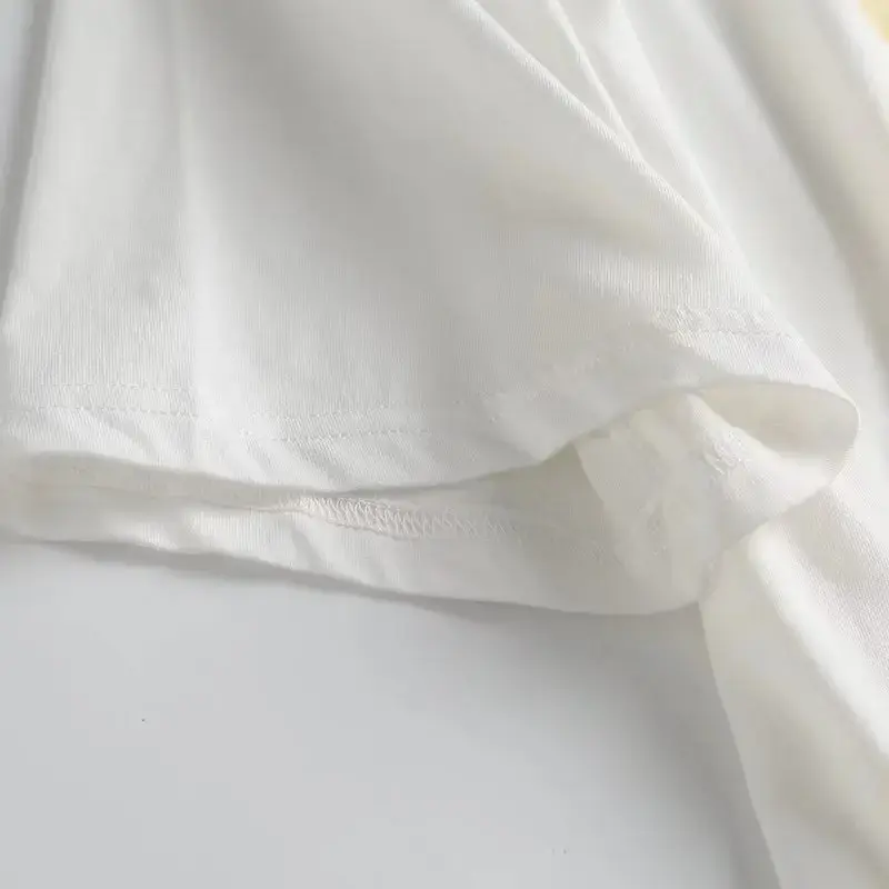 Camiseta casual básica com estampa feminina, gola redonda, manga curta, decoração de bolso retrô, blusa solta, 2023
