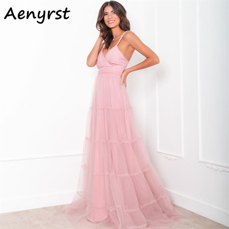 Aenyrst-Vestidos de Cóctel rosa con cuello en V y tirantes finos, línea A de tul, vestidos de noche sin espalda, vestido de fiesta de cena largo hasta el suelo