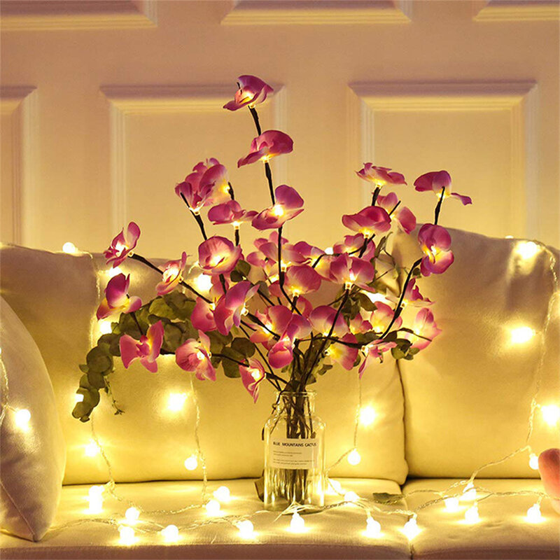 Bouquet d'orchidées artificielles à 20LED, lumière d'arbre, lumière de branche de saule, vase à piles, lampe de table de fleurs pour la maison, la fête de mariage