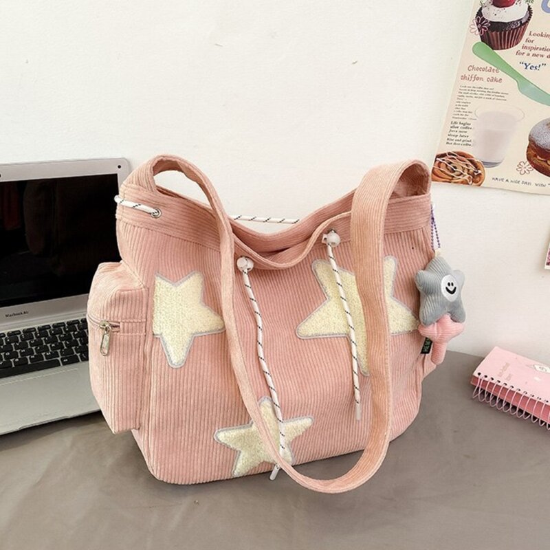 Fashion Shoulder Bag Corduroy Bag with Pendant Bag Tote Large Capacity Student Crossbody Bags for Women Girls