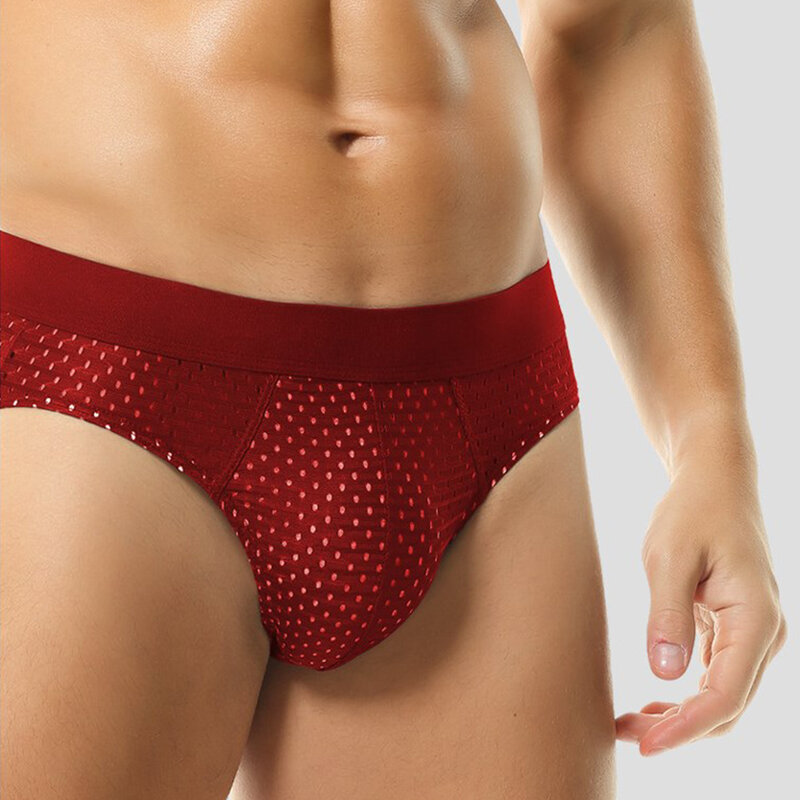 Men Ice Silk Briefs Sexy Mesh Low-rise Thong Big Pouch U Convex Underwear Hip Lift Short Trunks Breathable Solid Underpants