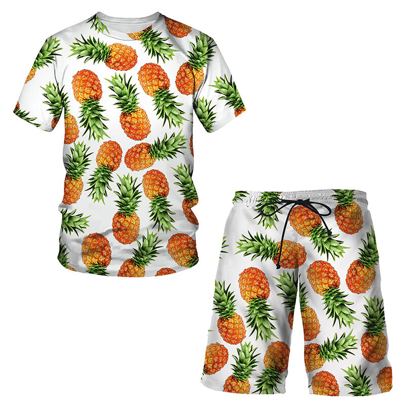 Гавайский пляжный мужской спортивный костюм, футболка и шорты с 3D принтом фруктов и растений, комплект из 2 предметов, уличная одежда, одежда большого размера, спортивные костюмы, одежда