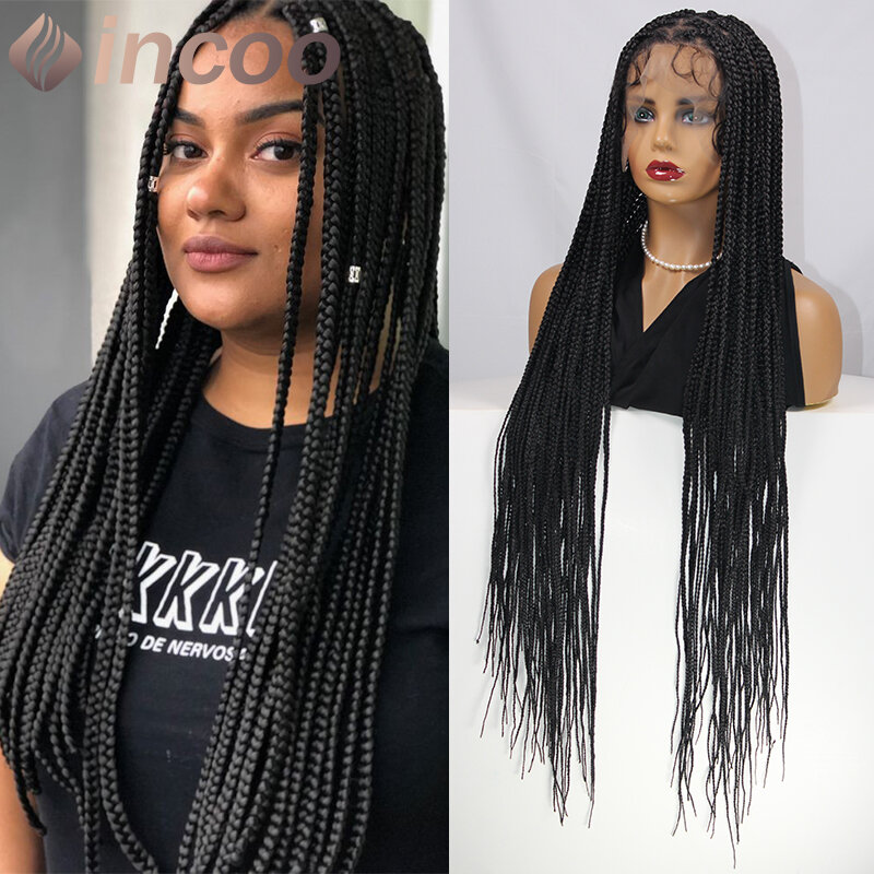 Incoo-Full Lace Wigs para mulheres negras, sem nós, tranças aleatórias, peruca Cornrow, frente de renda sintética, caixa trançada com tranças, 36"