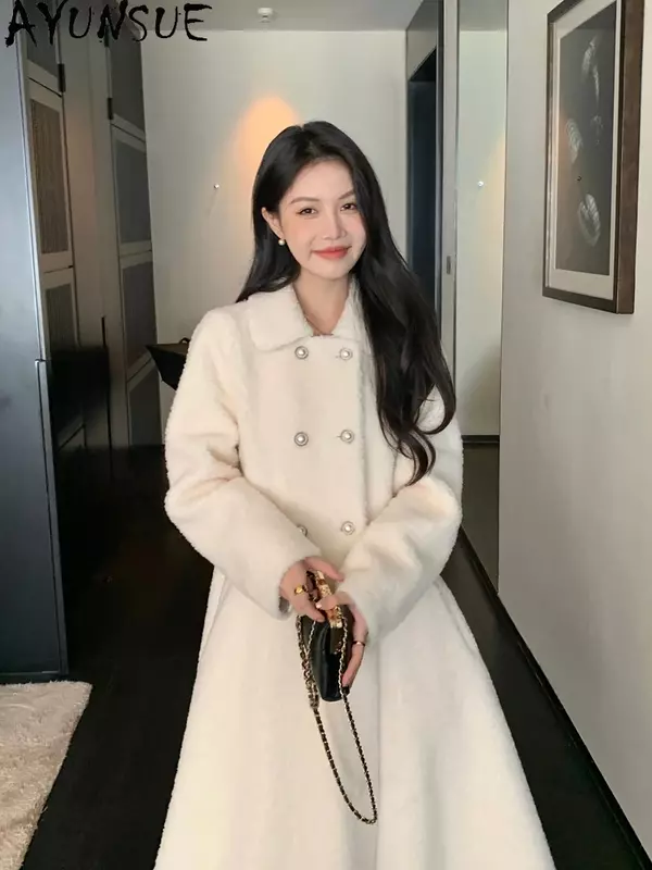 AYUNSUE-Jaqueta longa de corte de ovelhas feminina, alta qualidade, 100% casacos de lã, estilo coreano elegante, inverno, 2023