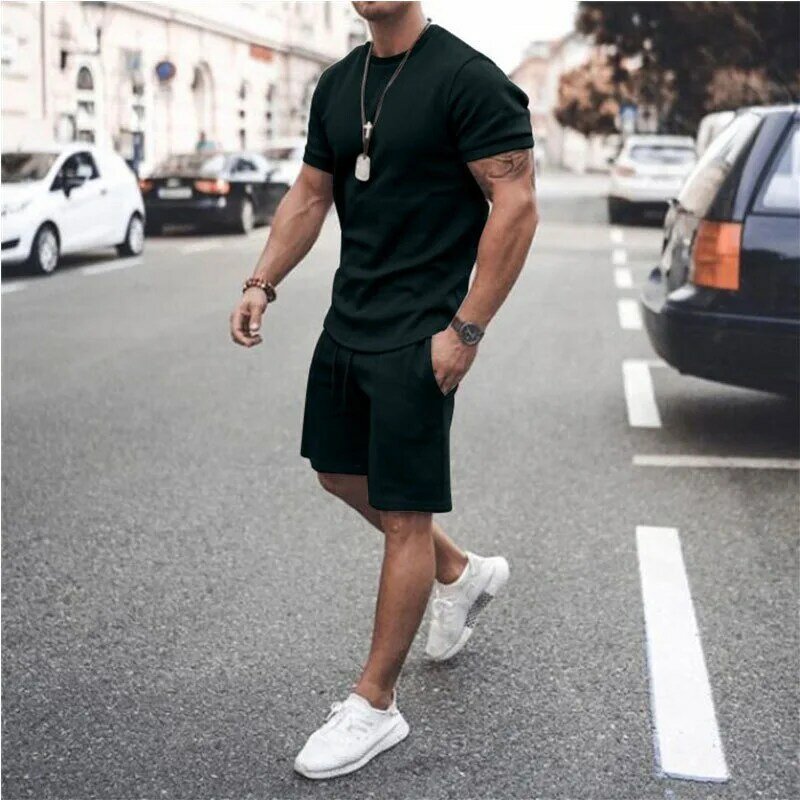 Men's Casual Sports Suit Solid Color Fitness Running Short-sleeved T-shirt