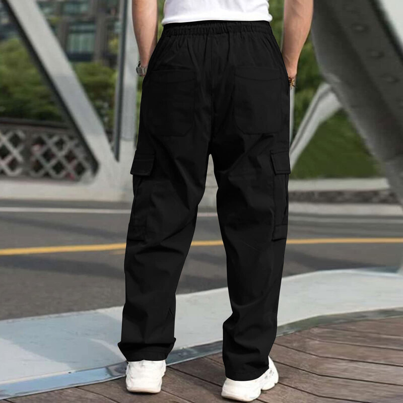 Macacão solto de bolso múltiplo masculino, calça tática militar, elástico na cintura, calça casual para trabalho, esportes ao ar livre, jogging, tamanho grande