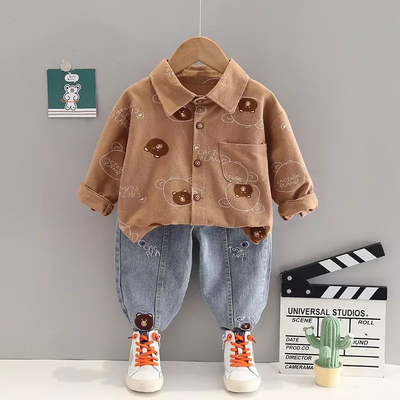 Spring Autumn Boys Clothing Set Full Print Cartoon Bear Shirt+Jeans 2Pcs Suit For Kids Children Outfit For 1-5 Years Old Kids