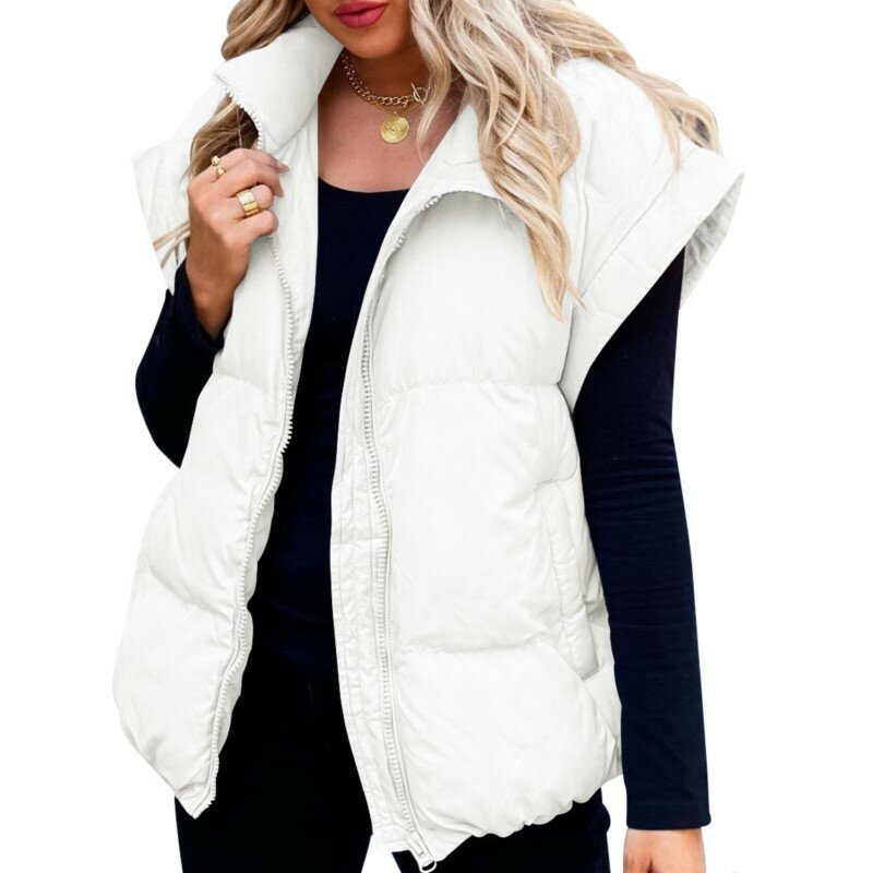 2023 New Winter Zipper Vest Women Warm Coat Turn-down Collar Button Sleeveless Jacket Overcoat Loose Waistcoat Vest Coat