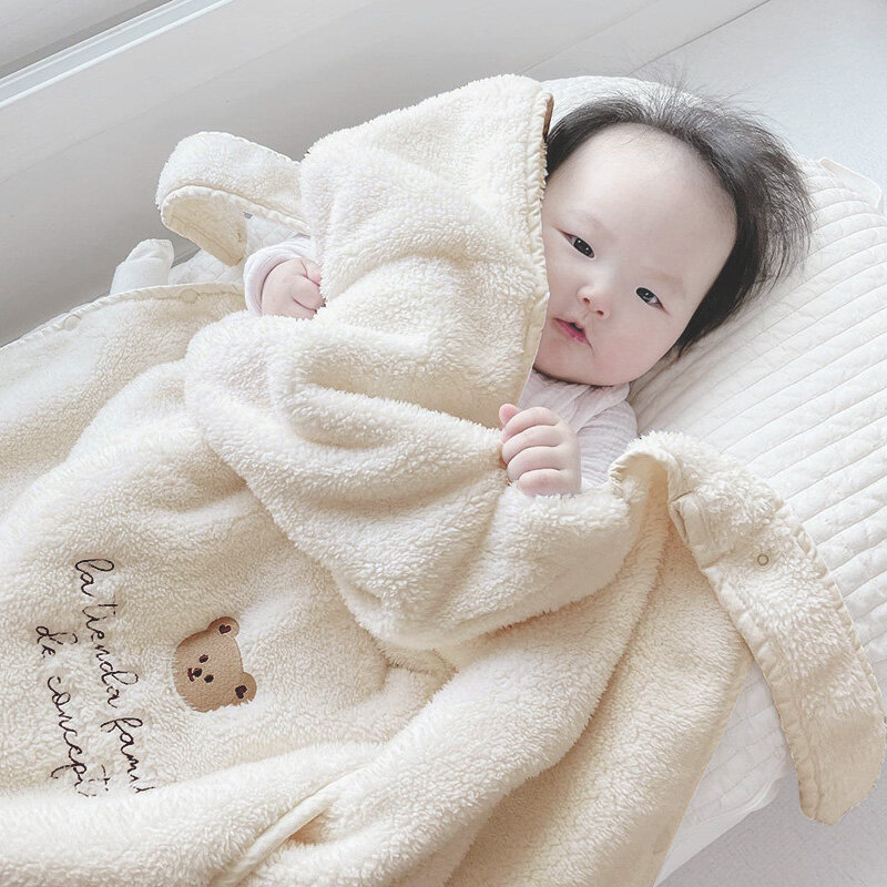 Coral Fleece Baby Blanket Stroller Cover Embroidery Bear Bunny Winter Windproof Kids Blankets Infant Nap Warm Quilt Swaddle Wrap