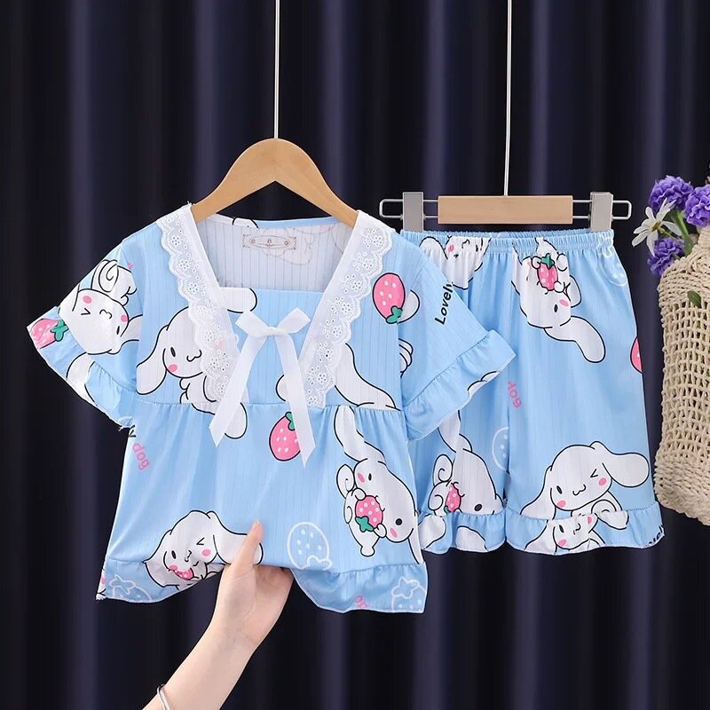 Melodia dziecięca piżama z krótkim rękawem komplet dziewczęcy szorty z krótkim rękawem Kuromi mała dziewczynka odzież domowa letnie ubrania