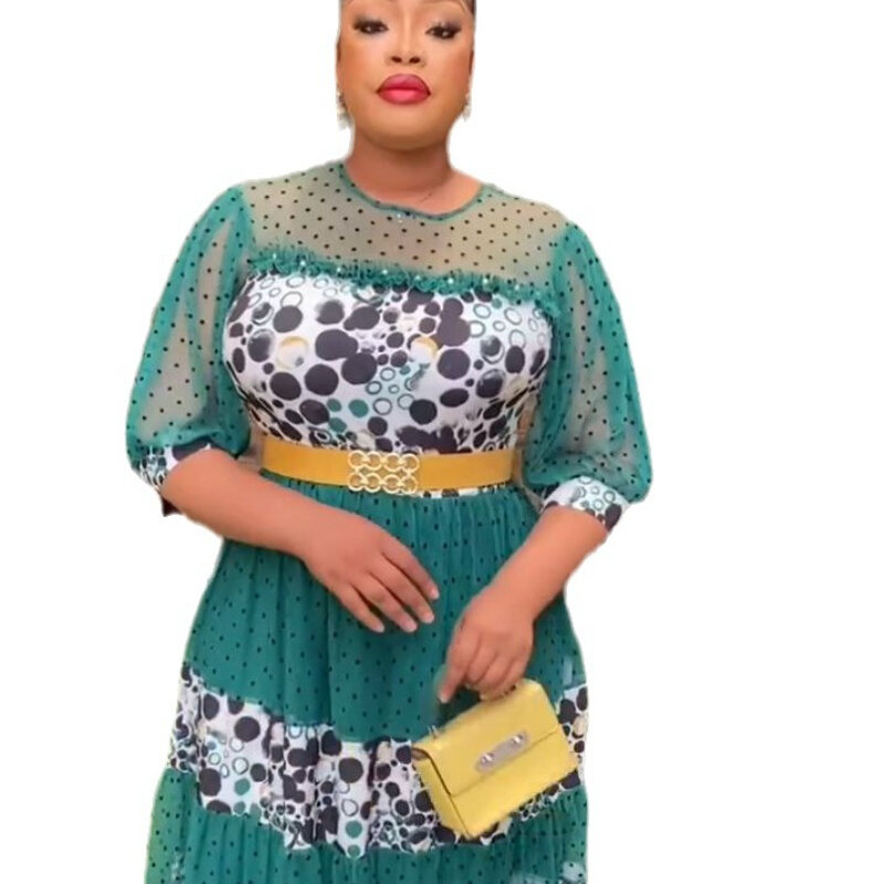 African Wedding Party Dresses for Women Autumn Elegant African 3/4 Sleeve O-neck Green Black White Dress African Clothing L-3XL