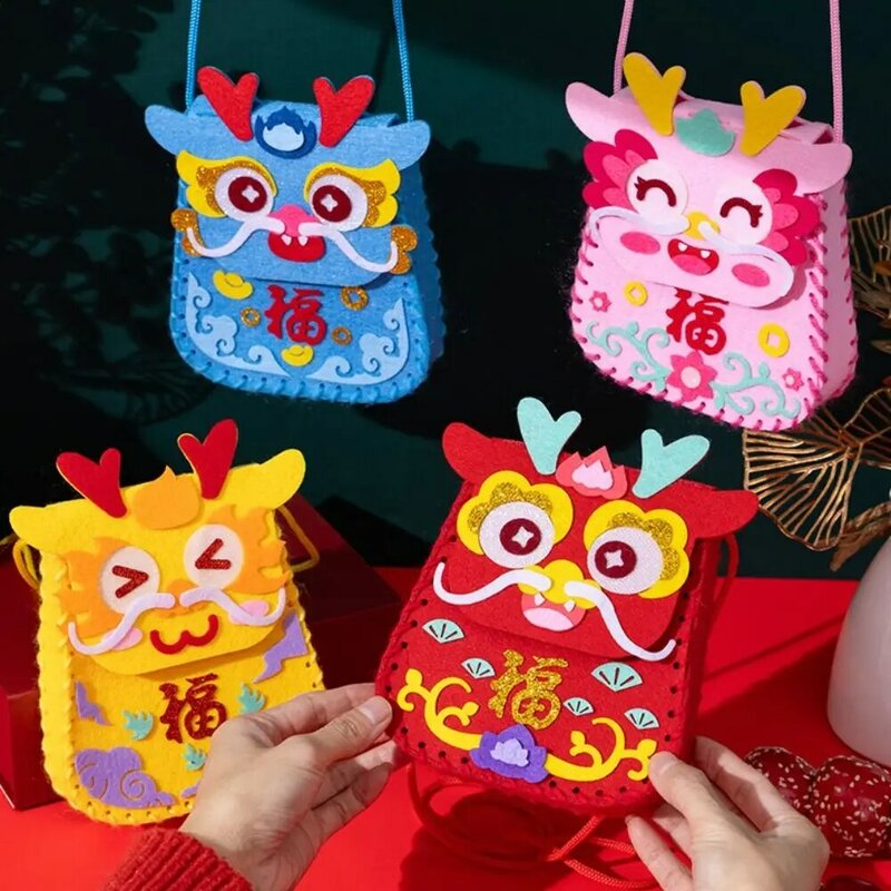 Chinese New Year DIY Lucky Bag Dragon Pattern Handmade Shoulder Bag With Hanging Rope Chinese Spring Festival Crafts Supplies