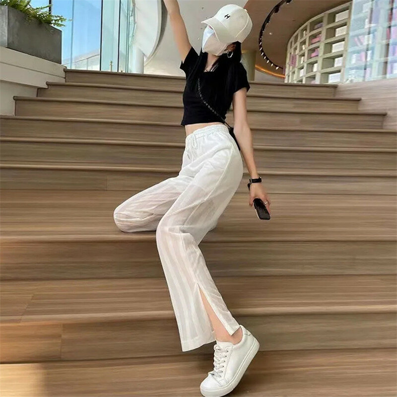 Korean Fashion Ice Silk Women's Wide Trousers Summer 2023 Tthin Baggy High-waisted Pants Ladies Split Casual Mesh Straight Pants