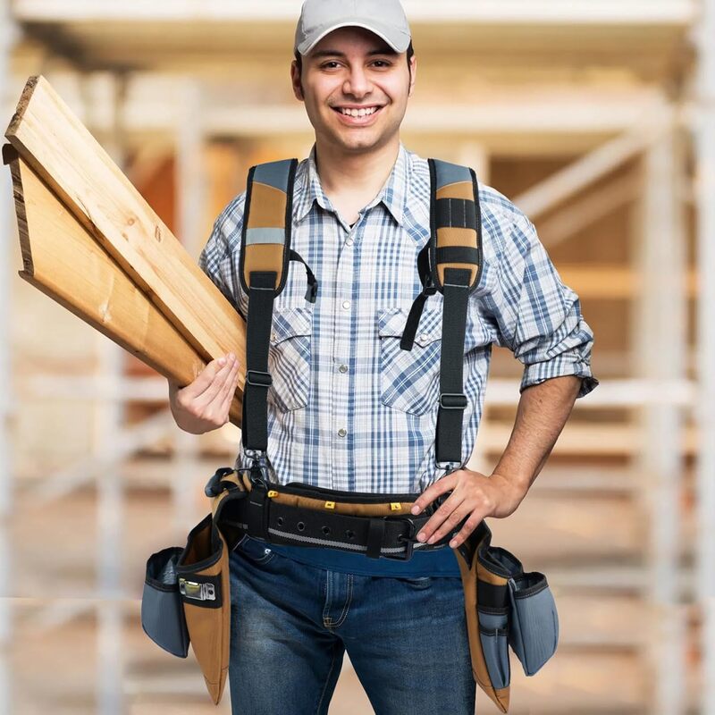 KUNN Carpenter Tool Belt with Suspenders Pro Framer Suspension Tool Rig for Construction Contractors and Electrician,Khaki