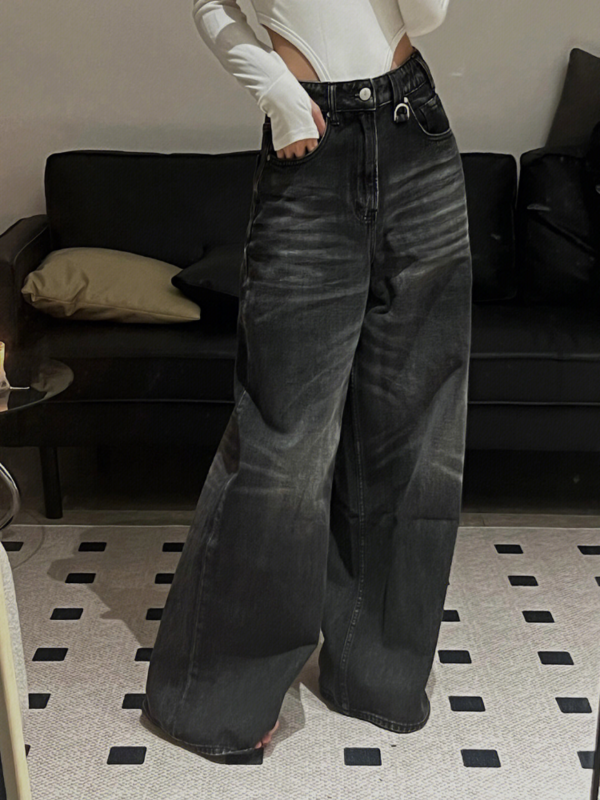 HOUZHOU Vintage Preto Perna Larga Jeans Mulheres Oversized High Street Coreano Moda Baggy Denim Calças Grunge Y2k Feminino Hip Hop