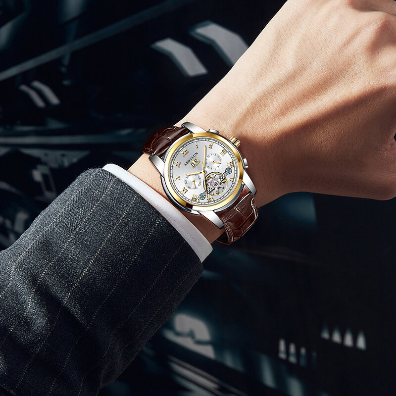 Abbylun 141 남성용 자동 기계식 시계, 가죽 스트랩, 방수 날짜 손목시계, 비즈니스 럭셔리 스켈레톤 시계