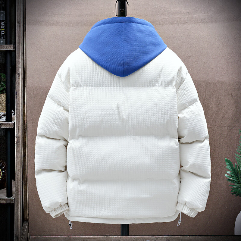 Giacca tecnica giacca invernale da uomo finta in due pezzi con cappuccio giacca imbottita in cotone spessa calda Harajuku Fashion Youth Oversize parka