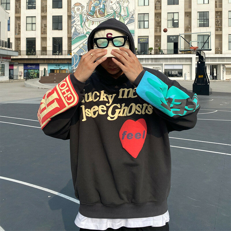 Kanye West Kaus Gambar Huruf Grafiti Lucky Me I See Ghosts Atasan Hip Hop Lengan Panjang Wanita Pria Pakaian Hoodie Kasual