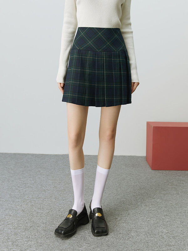 Fsle-女性用の短い市松模様のプリーツスカート,オフィスでの着用に最適なハイウエストの服,膝上にシック,冬用,新しいコレクション2022