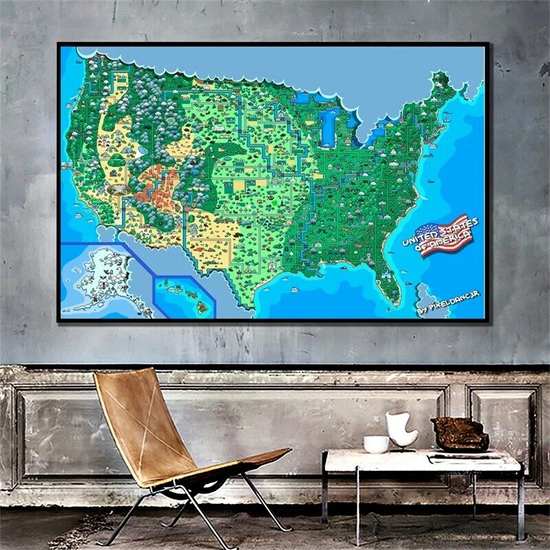 Peta Amerika Serikat 90*60Cm Poster Tanpa Bingkai Dinding Dekoratif Cetak Non-anyaman Kanvas Lukisan Dekorasi Rumah Perlengkapan Kantor