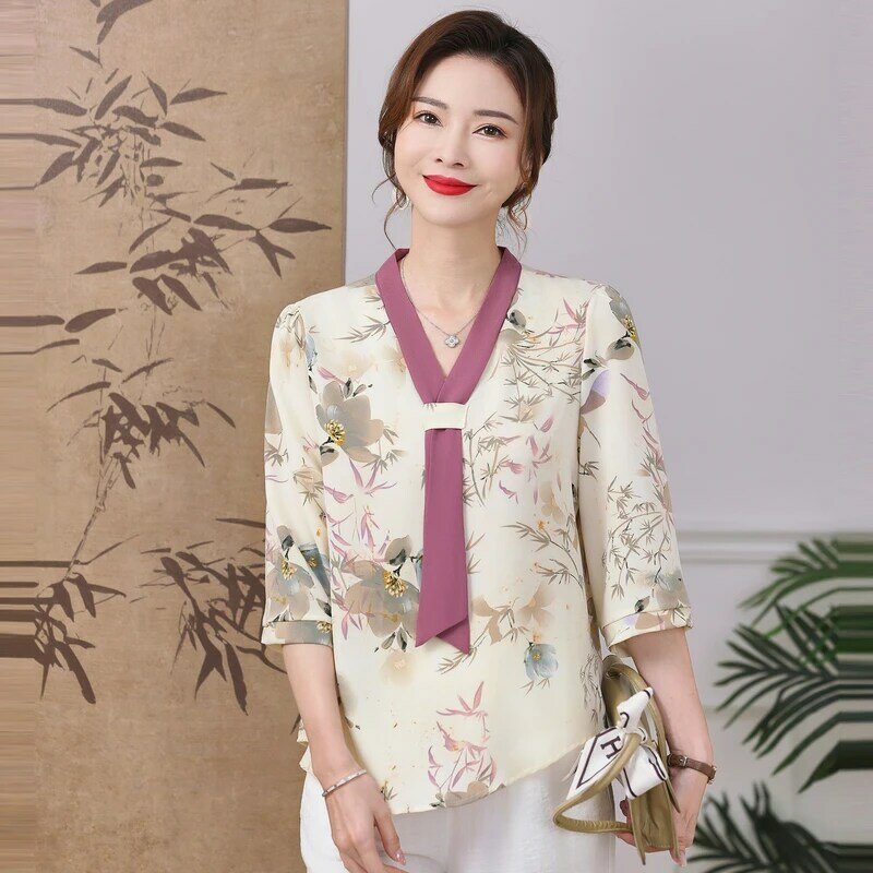 Blusa holgada con estampado Floral para mujer, camisa informal con cordón y cuello de bufanda, manga 3/4, elegante, primavera y verano