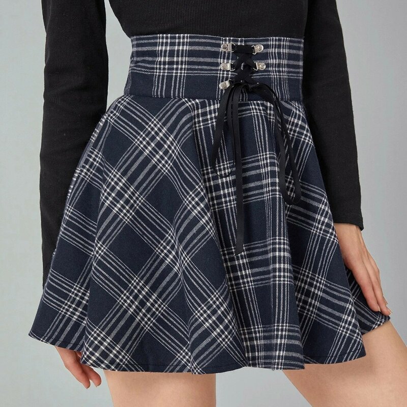 Fashion Gothic Punk Slim Half Body Skirt Women's Vintage Classic Plaid Printed Short Skirt High Waisted Straps Casual Skirt