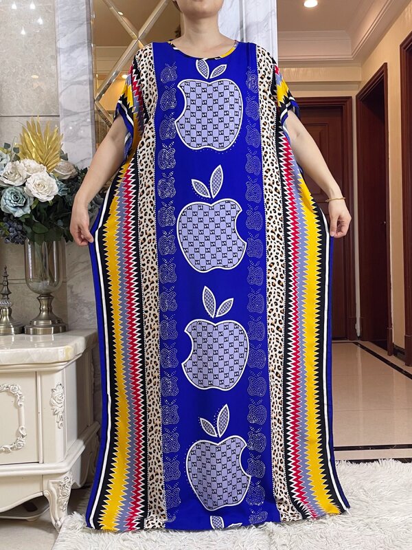 Vestido africano de manga curta com cachecol grande, estampa floral, algodão longo, maxi, casual, abaya solta, elegante, senhora, verão, venda quente, 2024