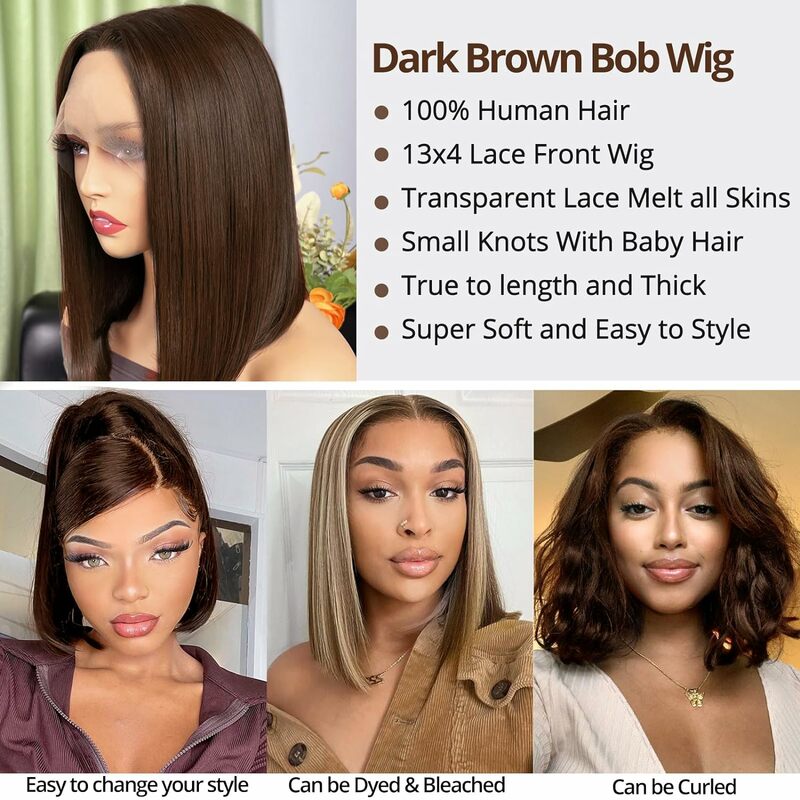 黒人女性のための滑らかなボブウィッグ,人間の髪の毛,透明なレースのフロント,ブラジルスタイル,接着剤なし,茶色,13x4 hd
