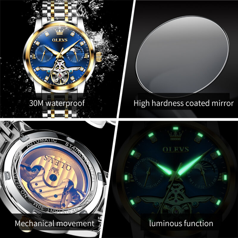 OLEVS-Bracelet de montre mécanique en acier inoxydable, cadran rond, cadeau de montre d'affaires, 6703
