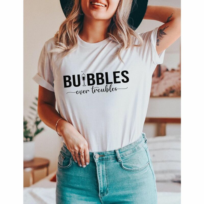 Camiseta de burbujas sobre problemas, divertida, pero primero para beber champán, despedida de soltera, celebración de boda, Tops, ropa