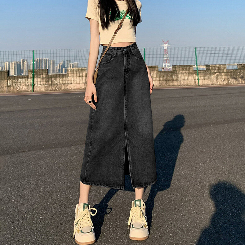 Женская джинсовая юбка с завышенной талией, длинная свободная трапециевидная юбка в Корейском стиле с разрезом и завышенной талией, стильная шикарная юбка BF