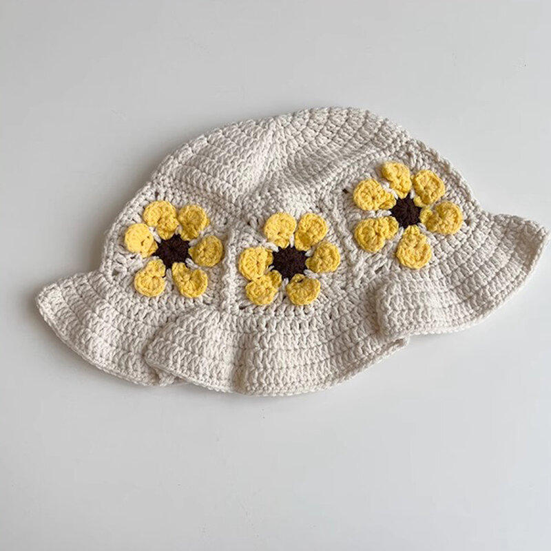 Handmade Flower Patch Crochet Girassol Chapéu de balde Chapéu de sol de malha Quadrado artesanal Dobrável Floppy Beach Hat Bonito confortável