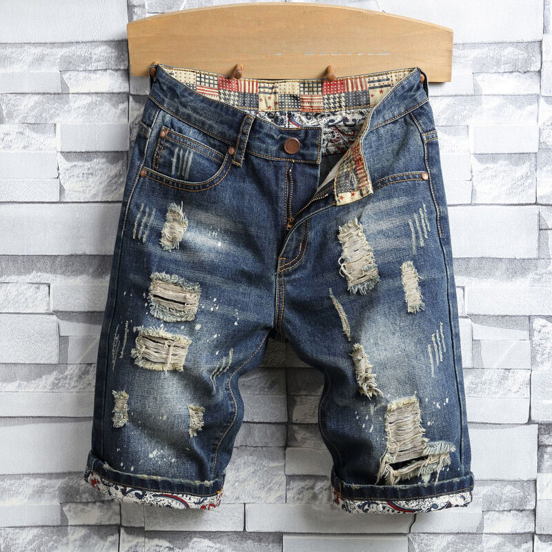 Loch Vintage Männer Jeans Shorts Denim Distressed knielange Taschen gespleißt Manschetten dünn gewaschen Punk-Stil zerrissen Mitte Taille 2024