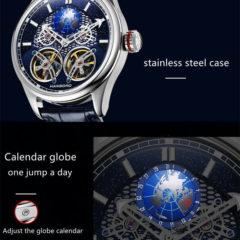 HANBORO غلوب ساعة الرجال الميكانيكية ساعات المعصم مزدوجة دولاب الموازنة ساعة الأرض السماء رجالي الساعات العلامة التجارية الأعلى 2022 العصرية