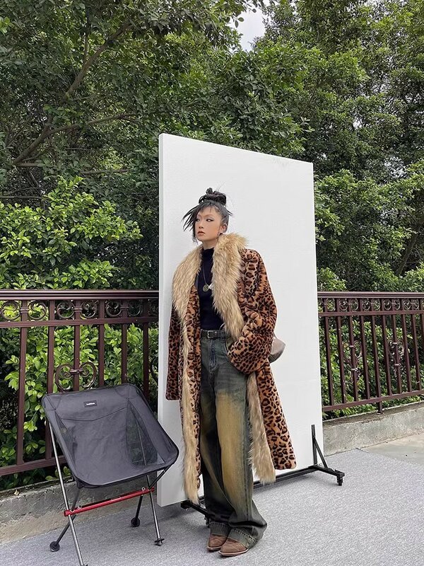 레오파드 무늬 플러시 인조 모피 여성 코트, 패션 라펠 긴 소매 긴 재킷, 우아한 가을 겨울 레이디 하이 스트리트웨어 코트
