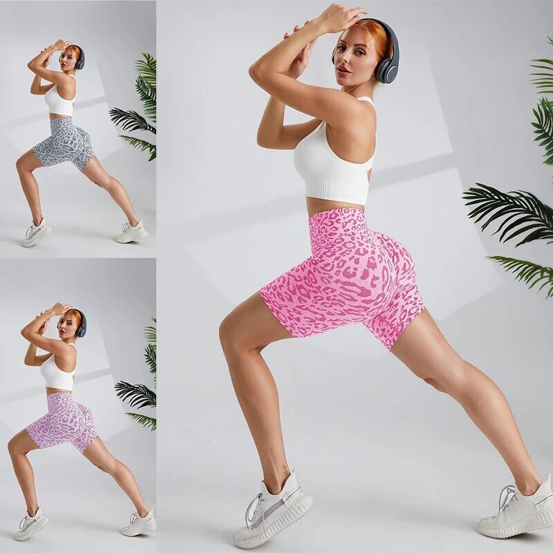 Celana Yoga motif macan tutul untuk wanita, celana pendek Fitness motif macan tutul pinggang tinggi musim panas, celana setengah bokong olahraga luar ruangan motif persik