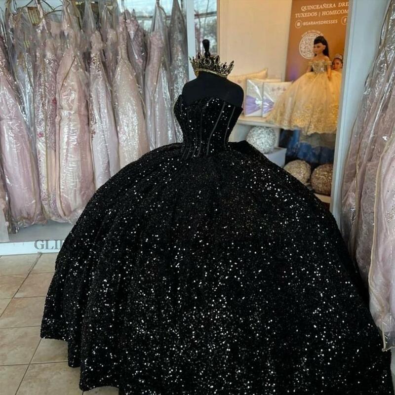 Black Quinceanrea Dresses 2023 Elegant Sweetheart Sequins Ball Gown Dress Sparkly Sweet 16 Princess Birthday Vestido De 15 Años