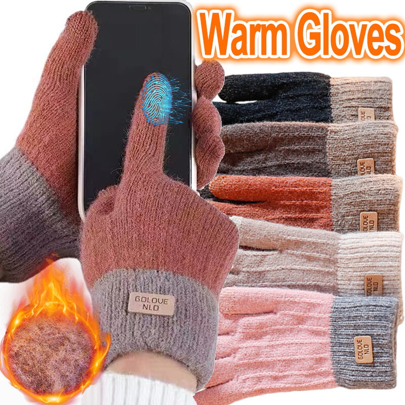 Luvas de dedo completo de malha quente para mulheres, imitação de caxemira, pelúcia grossa, luvas touchscreen, ciclismo ao ar livre e condução, inverno