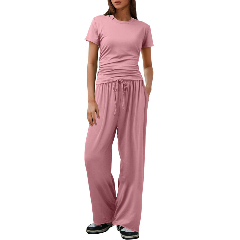 Conjunto casual de calça plissada feminina, camiseta de manga curta, calça larga larga larga larga larga larga, roupas de treino verão, terno 2 peças