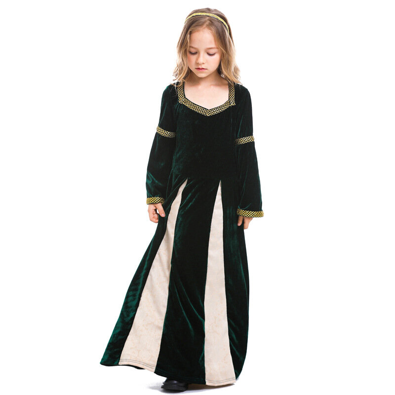 Disfraz de escenario de Drama para niñas medievales, vestido completo de manga de cuerno verde oscuro hasta el tobillo, novedad
