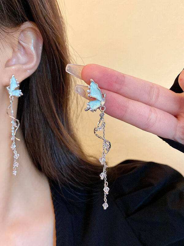 Perhiasan Fashion anting-anting keren anting-anting panjang rumbai kupu-kupu biru krim hadiah meriah perhiasan perak desain minoritas wanita