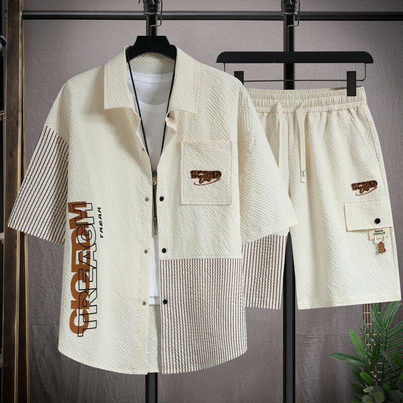 Shirt + Shorts 2024 Zomer Heren Modeset Katoenen Sportkleding Heren Casual Set Lente Heren Mode Shorts Shirts Heren Heren