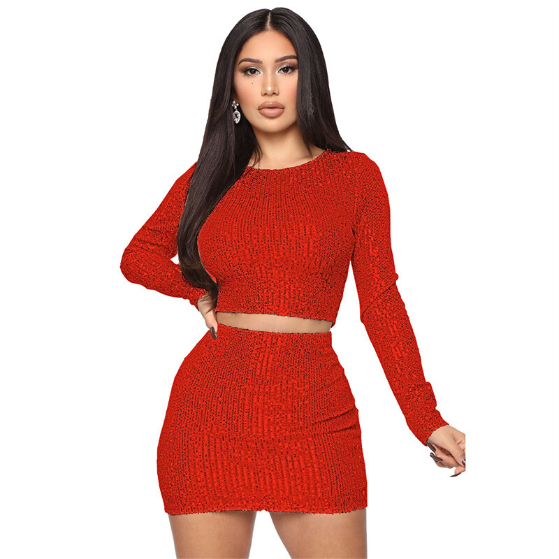 Sexy Glitter Sequins 2 Piece Sets Womens Outfits Long Sleeve Crop Top and Mini Skirt Matching Sets Party Club Outfits for Woman