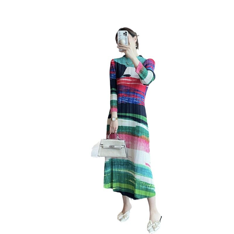 Ata Yake-Robe mi-longue plissée pour femme, robe couvertes pour l'indépendance et la haute qualité, impression de peinture à l'encre, printemps 2024, nouveau