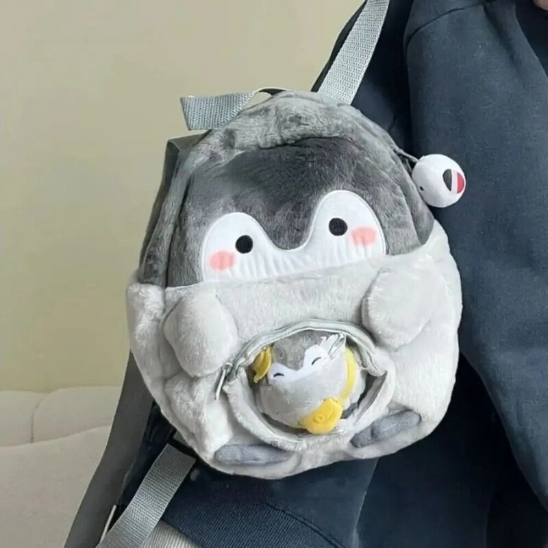 Cartoon Doll Plush Penguin Backpack Transparent Coin Purse  Portable  for Lady Girls Children Gift Outdoor
