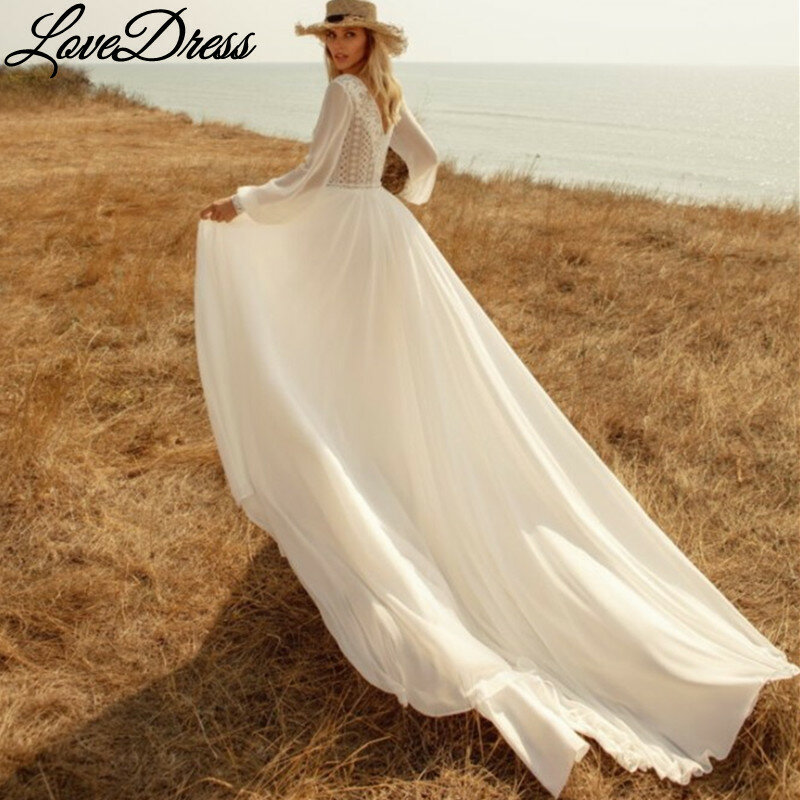 Женское свадебное платье It's yiiya, белое шифоновое платье с длинными рукавами-фонариками, глубоким V-образным вырезом и кружевной аппликацией на поясе с открытой спиной на лето 2019