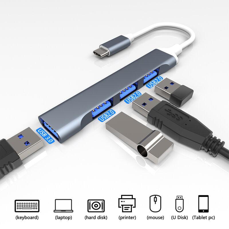 Adaptador Multi Splitter para Macbook Pro, USB 3.0, Tipo C, 3.1, 3, 4 Port, OTG, 13, 15 Air, M1 Pro, HUAWEI, Nintendo, PC Acessórios