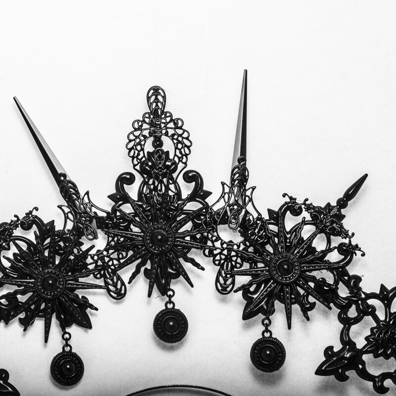 Handmade Gothic Lolita Pearl Sun Virgin Cross Crown Punk Headpiece  Black Spiked KC Halo Headband